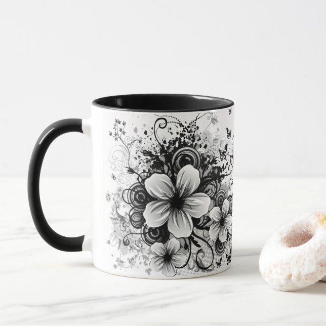 Mug chaudière à fleurs noires rétro (Avec donut)