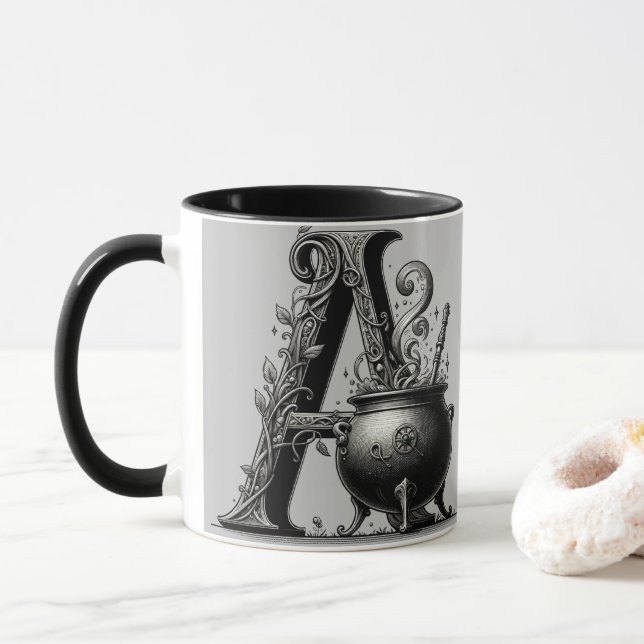 Mug Chaudière de sorcière Lettre A initiale personnali (Avec donut)