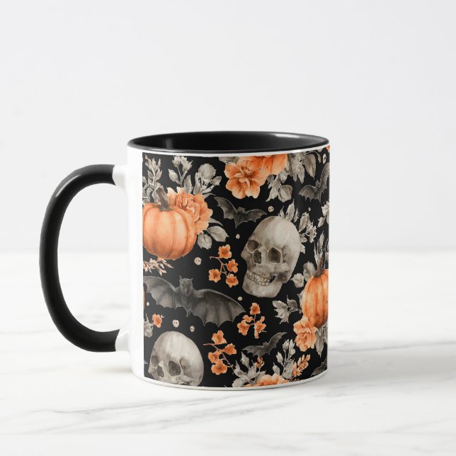 Mug Chauve-souris Halloween et fleurs Noir (Gauche)
