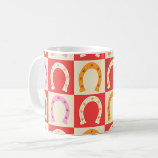 Mug Checkered Retro Horseshoe in Orange red and Pink 
