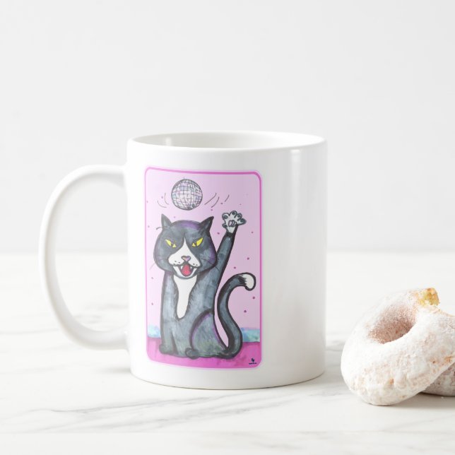 Mug Cheeky Dancing Disco Ball Cat Cartoon Fun Art (Avec donut)