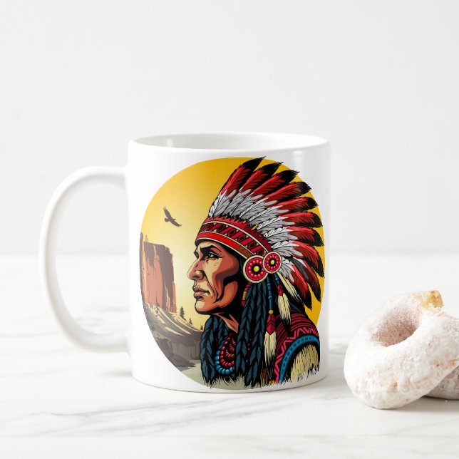 Mug Chef amérindien sur paysage sauvage coucher de sol (Avec donut)