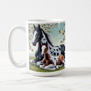 Mug Cheval et poulain reposent au milieu des arbres en