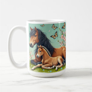 Mug Cheval et poulain se reposent dans un cadre de pri