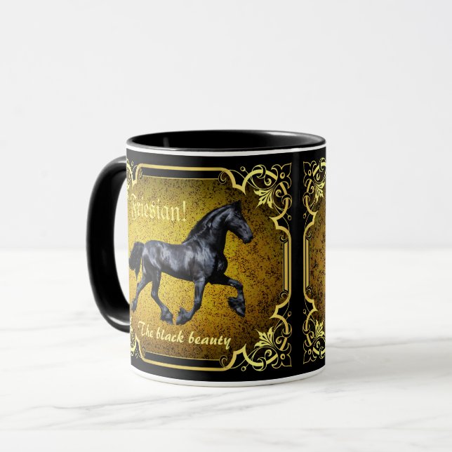 Mug Cheval friésien, silhouette/or/muqueuse noire/noir (Devant gauche)