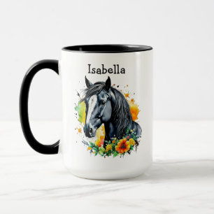 Mug Cheval noir entouré de fleurs Personnalisé
