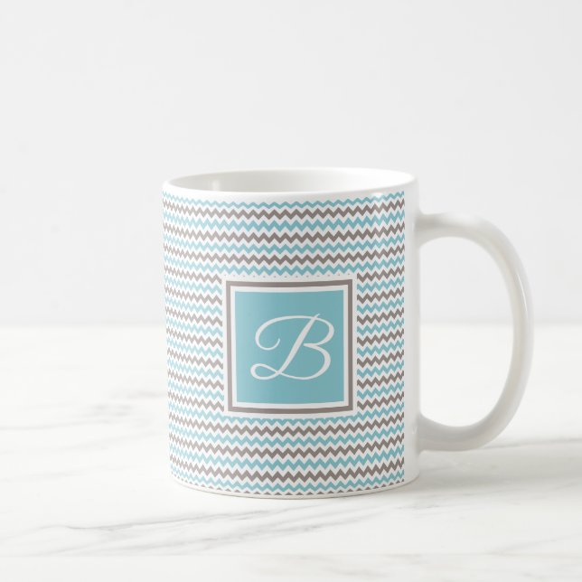 Mug Chevron gris bleu blanc monogramme (Droite)