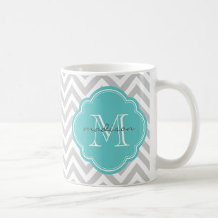 Mug Chevron gris et turquoise sur mesure Monogramme pe