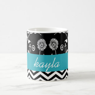 Mug Chevron personnalisé & Turquoise floral blanc & no