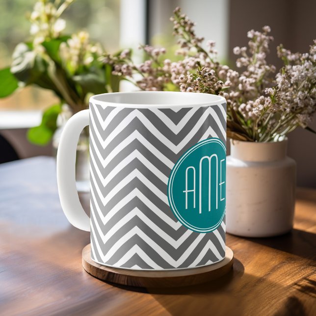 Mug Chevrons turquoises au charbon de bois Monogramme  (Mug template with monogram)