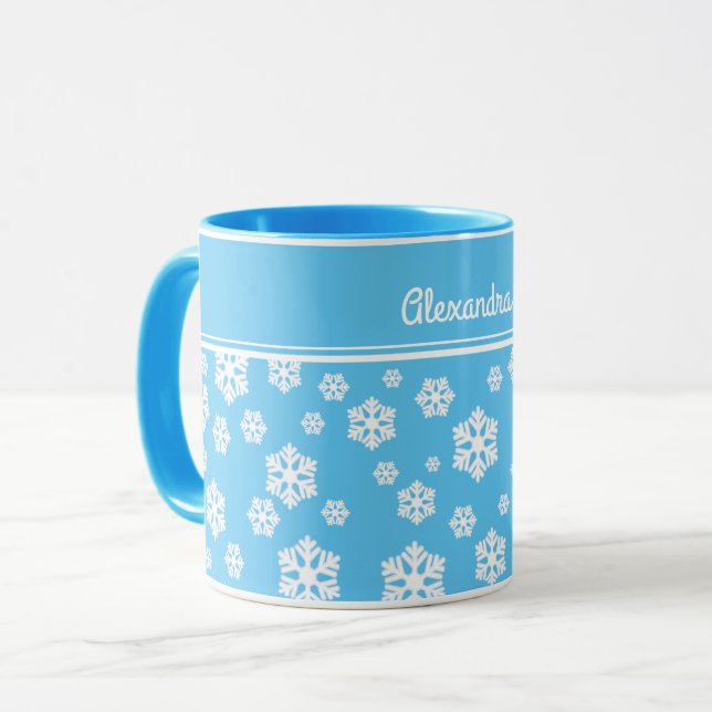 Mug Chic blanc Snowflakes Motif nordique sur bleu clai (Devant gauche)