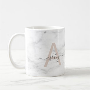 Mug Chic Blush Pink White Marble Script Nom monogram