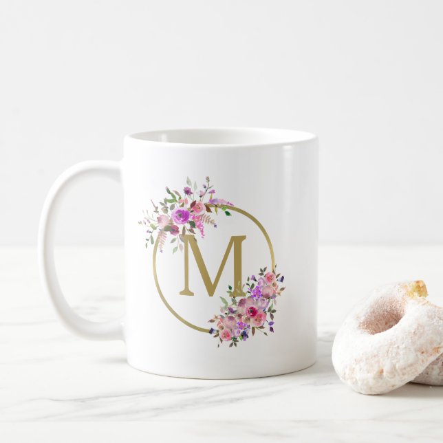Mug Chic Cercle Monogramme Aquarelle Floral & Or (Avec donut)