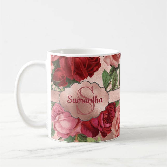 Mug Chic Elegant Vintage Rose Rouge Roses Nom Floral (Gauche)