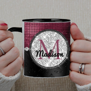 Mug Chic faux paillettes argent burgundy noir monogram