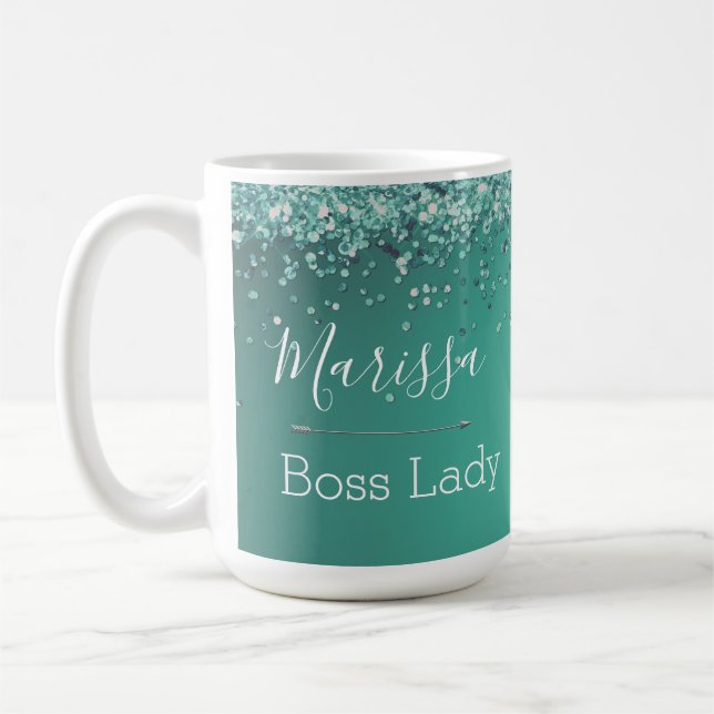 Mug Chic Glitterie Turquoise Personnalisé Boss Lady (Gauche)