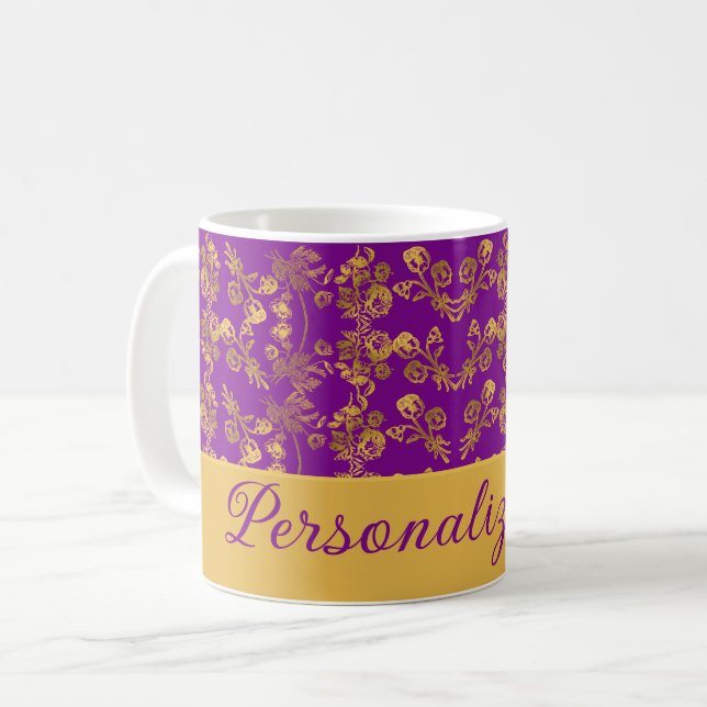 Mug Chic Golden Flowers violet motif | Personnalisé (Devant gauche)