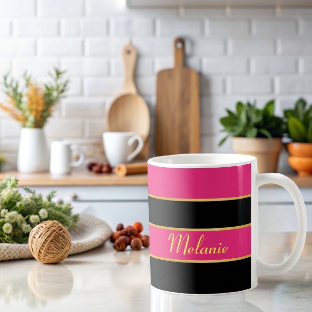Mug Chic moderne rose noir rayures modèle avec nom (Créateur téléchargé)