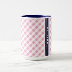 Mug chic preppy rose marine en vichy motif monogramme