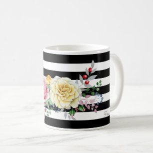 Mug Chic Rose Floral tendance rayures noires et nom