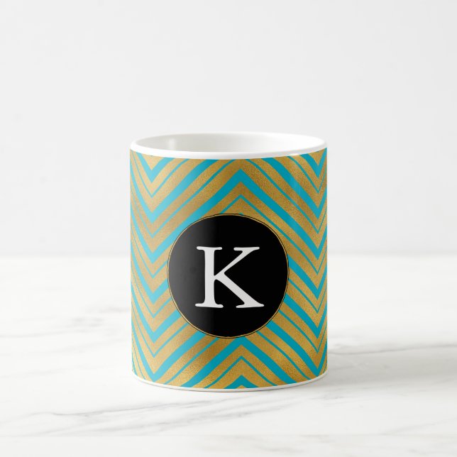 Mug Chic Turquoise Aqua Blue Gold Chevron Monogram (Centre)