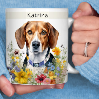Mug Chien beagle Champ de fleurs Votre nom