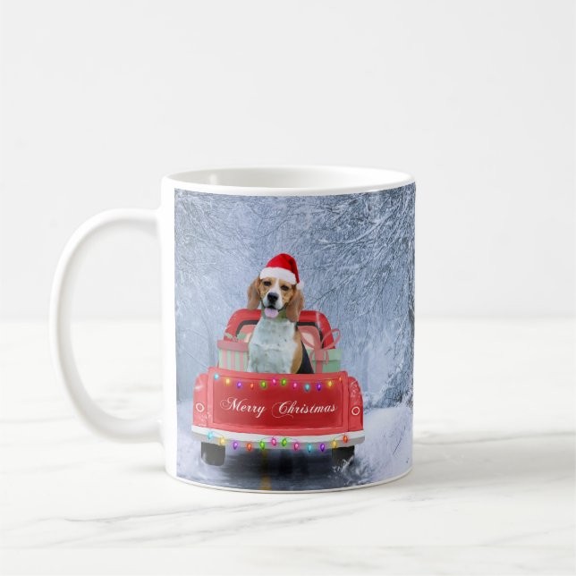 Mug Chien beagle en neige assis dans un camion de Noël (Gauche)