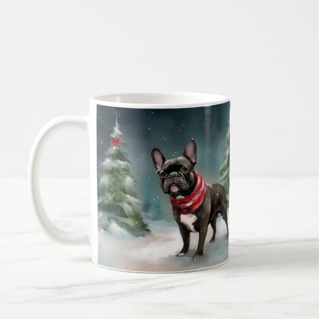 Mug Chien de taureau français à Noël de neige (Gauche)