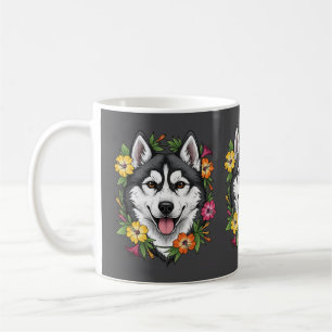 Mug Chien de Traîneau Husky Et Fleurs Colorées de Mira