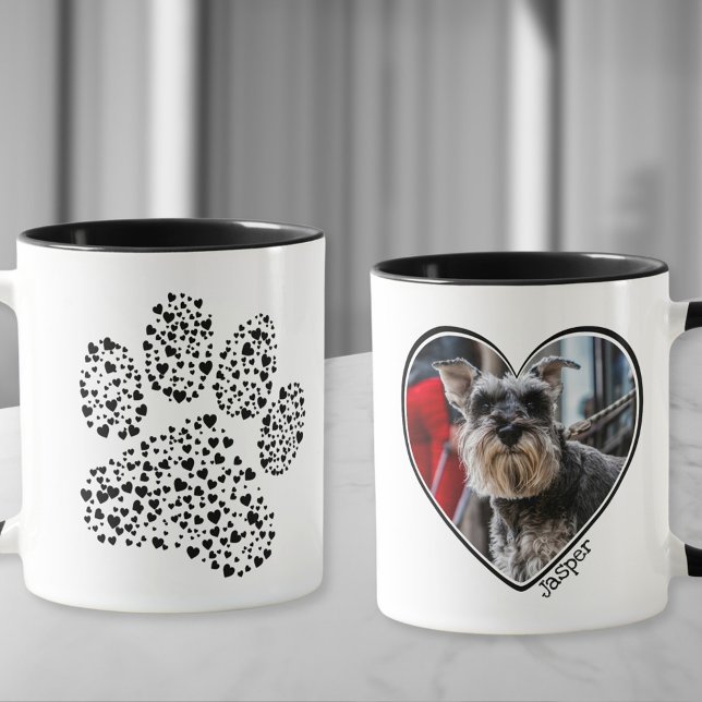 Mug Chien Papa Empreinte de patte de coeur Photo perso (Custom photo mug with a heart-filled paw and your dog's photo in a heart shape)