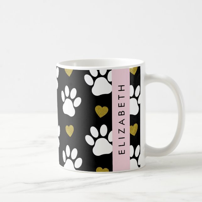 Mug Chien Paws, White Paws, Gold Hearts, Votre Nom (Droite)