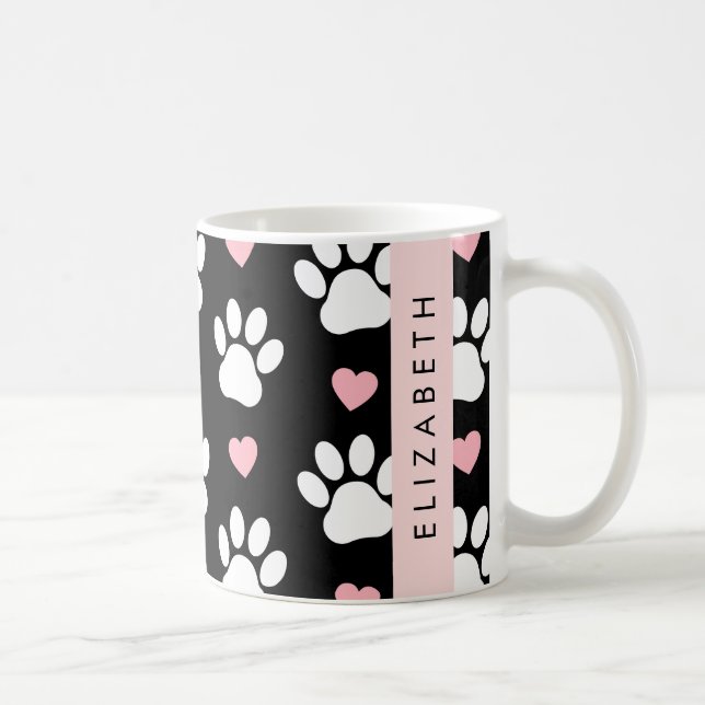 Mug Chien Paws, White Paws, Rose Hearts, Votre Nom (Droite)