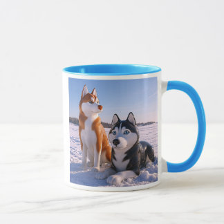 Mug Chiens Huskys dans un paysage enneigé.