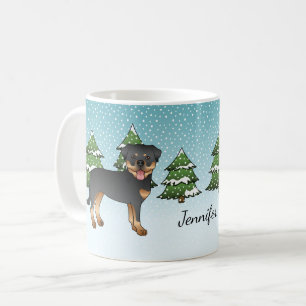 Mug Chiens Rottweiler Noir Et Tan Dans Une Forêt D'Hiv