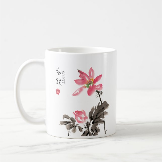 Mug Chine Peinture à la main Aquarelle Floral Lotus Ca (Gauche)