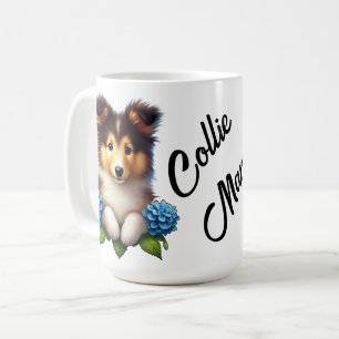 Mug Chiot adorable avec Fleurs Bleues Collie Mama