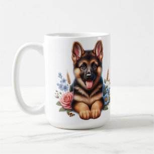 Mug Chiot allemand jouant avec fleurs