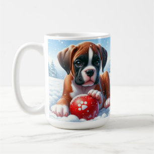 Mug Chiot de boxe jouant en neige avec une balle de jo