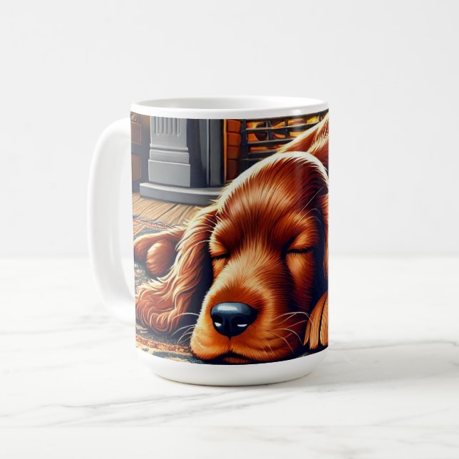 Mug Chiot de coin irlandais dormant au coin d'une chem (Devant gauche)