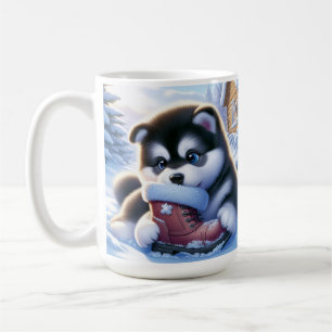Mug Chiot jouant avec une botte d'hiver couverte de ne
