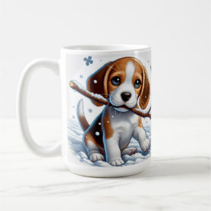 Mug Chiot jouant dans la neige avec un bâton en hiver