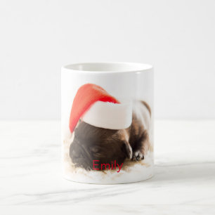 Mug Chiot mignon personnalisé avec chapeau de Père Noë