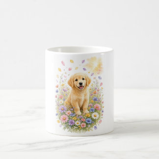 Mug Chiots Retriever Doré dans les Fleurs Sauvages