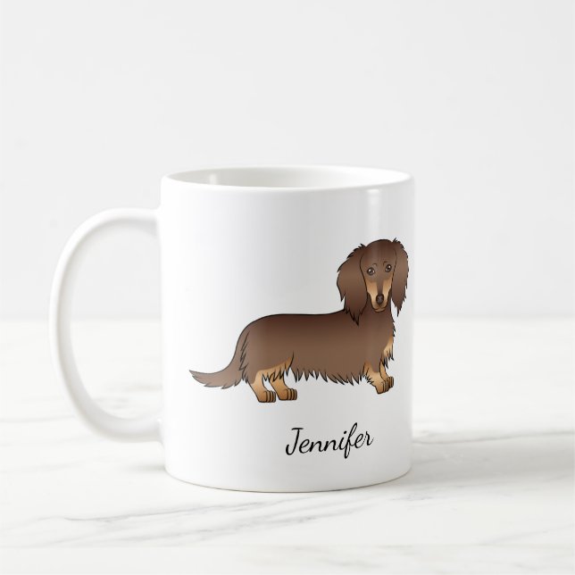 Mug Chocolat & Tan Long Cheveux Dachshund Chien & Nom (Gauche)