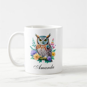Mug Chouette aquarelle et fleurs colorées