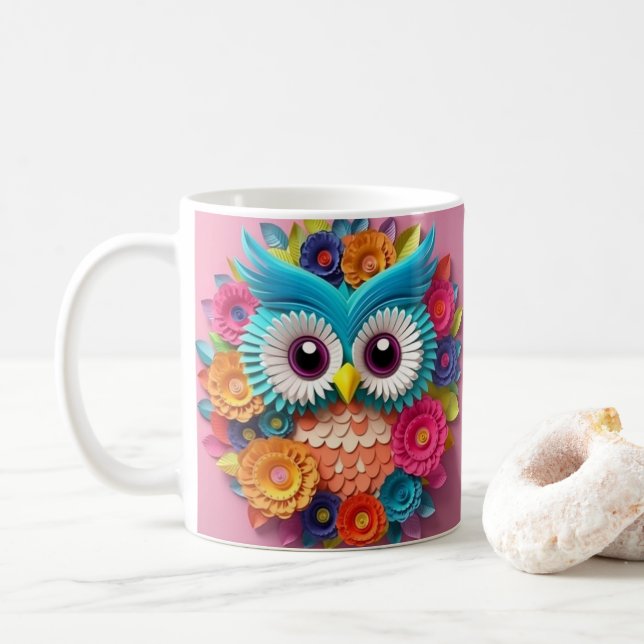Mug Chouette colorée à l'apparence 3D (Avec donut)