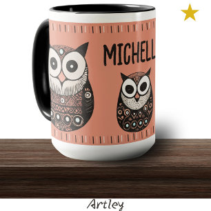 Mug Chouette d'art populaire rose Nom personnalisé