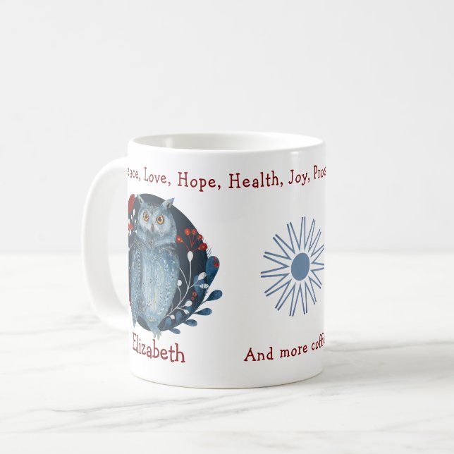Mug Chouette Magique Sage, Fond Floral. Unique, drôle (Devant gauche)