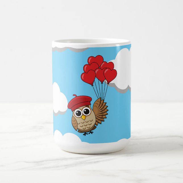 Mug Chouette mignonne volant avec des ballons de coeur (Centre)