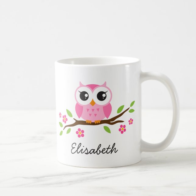 Mug Chouette sur branche avec fleurs roses nom personn (Droite)